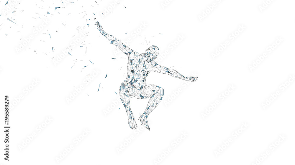 Poster conceptual abstract man in a jump. connected lines, dots, triangles, particles isolated on white. ar