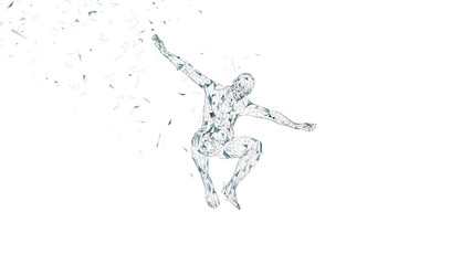 Fototapeta premium Conceptual abstract man in a jump. Connected lines, dots, triangles, particles isolated on white. Artificial intelligence concept. High technology vector, digital background. 3D render vector
