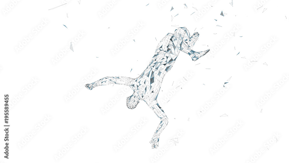 Poster conceptual abstract man in a jump. connected lines, dots, triangles, particles isolated on white. ar