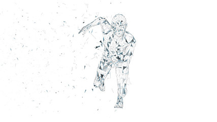 Conceptual abstract running man. Runner with connected lines, dots, triangles. Artificial intelligence, digital sport concept. High technology vector digital background. 3D render vector illustration