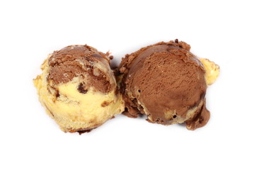 Chocolate and vanilla ice cream balls isolated on white background, top view