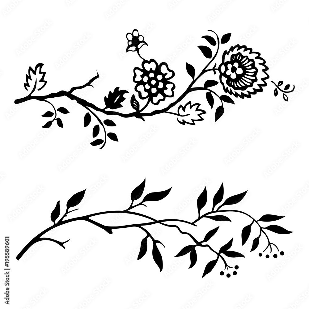 Wall mural two decorative branches with leaves and flowers