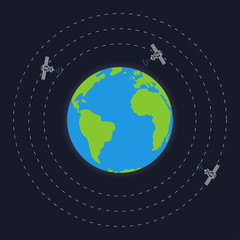 Planet earth and round satellite orbits vector illustration. Space satellites flying around the earth graphic design.