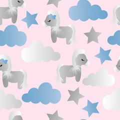 pattern with cartoon pony, clouds and stars