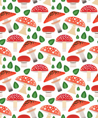 Vector flat style seamless pattern with forest mushrooms. Ornamental seamless pattern with forest berries and mushroom, strawberries, deep, mountain ash, cranberries, leaf.