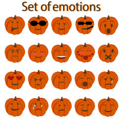 Set of emoticon pumpkins. Icons of mood. Cartoon pumpkins with different emotions. Smiling icons qourd for web design. Squash with different characteristic facial expressions. Vector illustration.