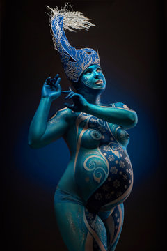 Beautiful pregnant woman with headwear and abstract body art in shades of blue and white