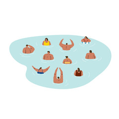 Hand drawn vector illustration of people relaxes in the sea on white background. People swim in a pool.