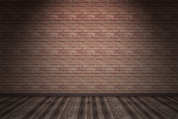 interior with orange brick wall and wood floor dark room with one light - 3d illustration