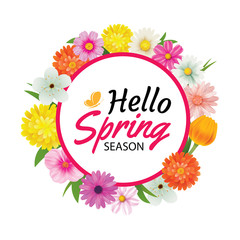 Hello spring circle frame greeting card and flowers decoration.