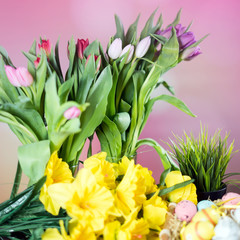 Happy easter. Easter eggs and easter decoration on the wooden table.