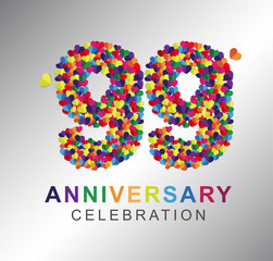 99th anniversary design logotype paper hearts multi-color for celebration