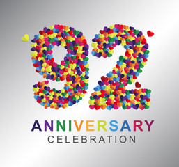 92nd anniversary design logotype paper hearts multi-color for celebration
