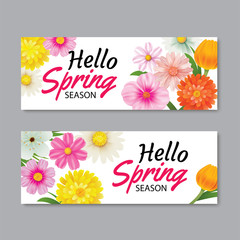 Hello spring greeting card banner template with colorful flower.Can be use voucher, wallpaper,flyers, invitation, posters, brochure, coupon discount.