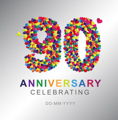 90 years anniversary celebration. Anniversary logo with mini hearts and multi color  isolated on gray background, vector design for celebration, invitation card, and greeting card