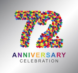 72nd anniversary design logotype paper hearts multi-color for celebration