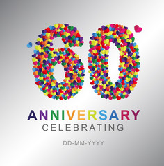 60 years anniversary celebration. Anniversary logo with mini hearts and multi color isolated on gray background, vector design for celebration, invitation card, and greeting card