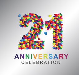 21st anniversary design logotype paper hearts multi-color for celebration.