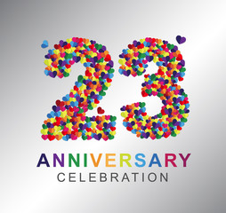 23rd anniversary design logotype paper hearts multi-color for celebration