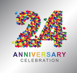 24th anniversary design logotype paper hearts multi-color for celebration