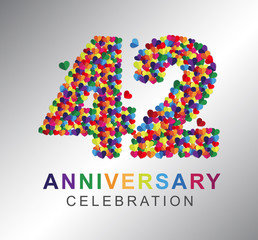 42nd anniversary design logotype paper hearts multi-color for celebration
