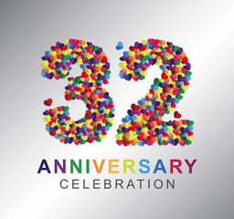 32nd anniversary design logotype paper hearts multi-color for celebration
