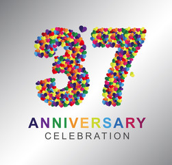 37th anniversary design logotype paper hearts multi-color for celebration
