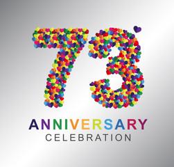 73rd anniversary design logotype paper hearts multi color for celebration