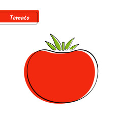 Flat design vegetable education card. Vector illustration with big solid red isolated tomato, black outline and label on white background for organic market logo, fresh product sign or kid game