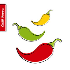 Flat design vegetable education card. Vector illustration with solid green, red and yellow isolated chilli peppers, black outline and stylish label for organic market logo, fresh product or kid game