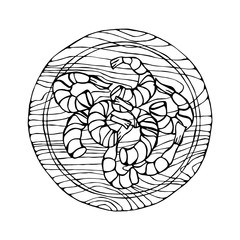 Cooked Shrimps on Round Cutting Board. Prawns For Cooking, Holiday Meals, Recipes, Seafood Guide, Menu. Hand Drawn Illustration. Savoyar Doodle Style.