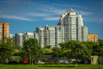 Fototapeta na wymiar Pyramidal building in Vladivostok, Russia