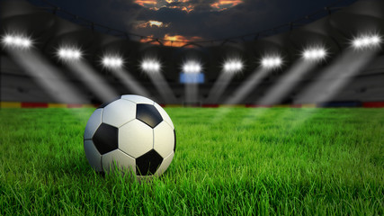 Fußball auf Rasen im Stadion bei Nacht mit Scheinwerfern, 3D Rendering