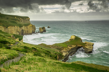 Tunnel beach view during cloudy weather, Dunedin, New Zealand