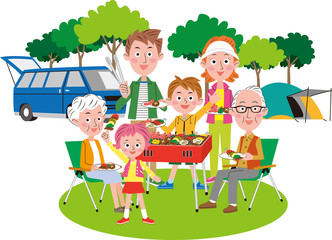 バーベキューを楽しむ二世帯家族　春夏