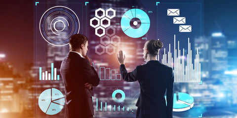 Concept of partnership and cooperation with people using virtual interface