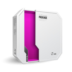 Opened Octagon Modern White Software Package Box, Violet, Magenta, Purple, Pink Inside. Mock Up, Template. Illustration Isolated On White Background. Product Advertising. Vector EPS10