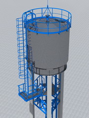 Shiny silver water tower out of steel. 3D rendering. Engineering, architectural and industrial background.