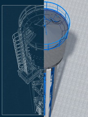 Shiny water tower out of steel. 3D rendering of the model. Blueprint.