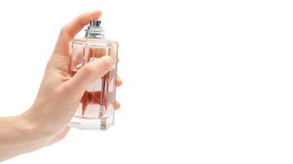 female hand takes or gives jar of perfumed water. Isolated on white background. copy space, template.