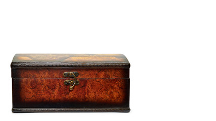 exquisite vintage jewelry box with lock. Isolated on white background. copy space, template.