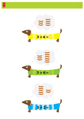 math game with cartoon dogs and sausages -  addition/ vector illustration  for children