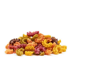 background of raw colored macaroni. Isolated on white background. copy space, template