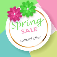 Spring sale background of white circle with golden strip and colored paper flowers