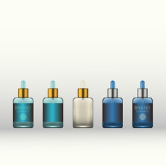 Vector 3D beauty cosmetic product mock up. Isolated realistic bottles for advertising branding. Cosmetic packaging design template.