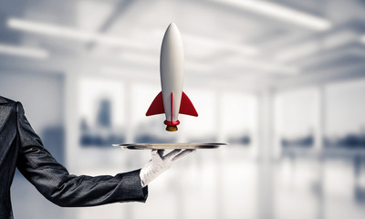 Hand of waiter presenting rocket on tray.