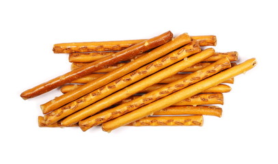 Salty cracker pretzel sticks isolated on white background, top view