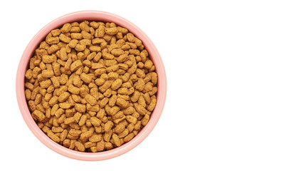 dry pet food in bowl isolated on white background. Top view. copy space, template