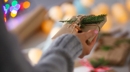 Hands of woman holding christmas gift box. Christmas