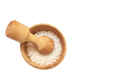 Wooden mortar with sea salt for cooking. Isolated on white background. copy space, template